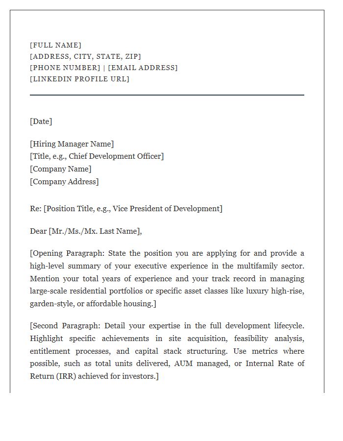 Multifamily Real Estate Development Executive Cover Letter Template