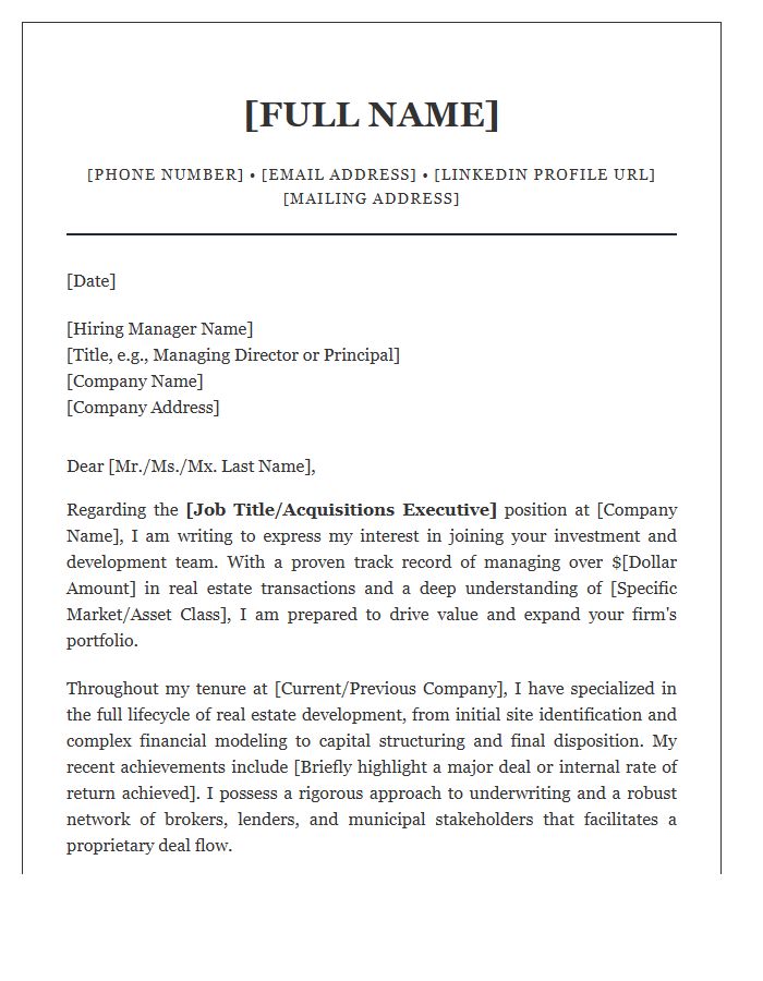 Real Estate Development Acquisitions Executive Cover Letter Template
