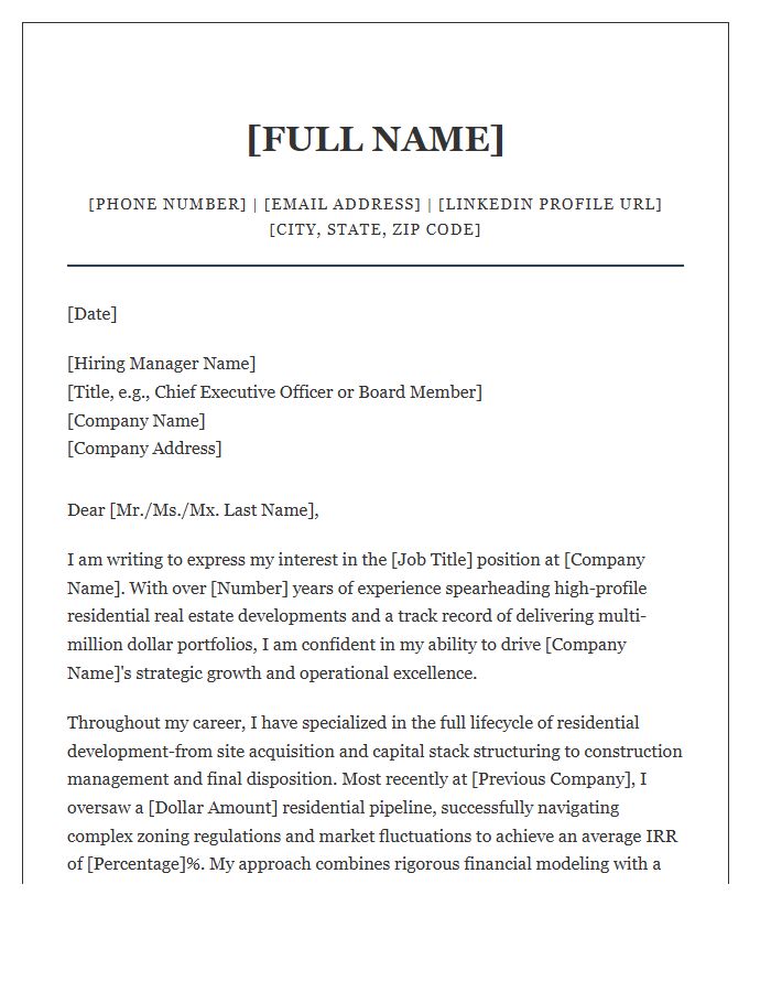 Senior Residential Real Estate Development Executive Cover Letter Template