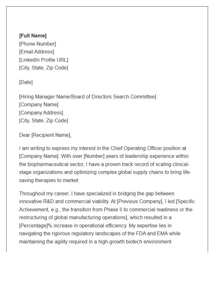 Biopharmaceutical Chief Operating Officer Cover Letter Template