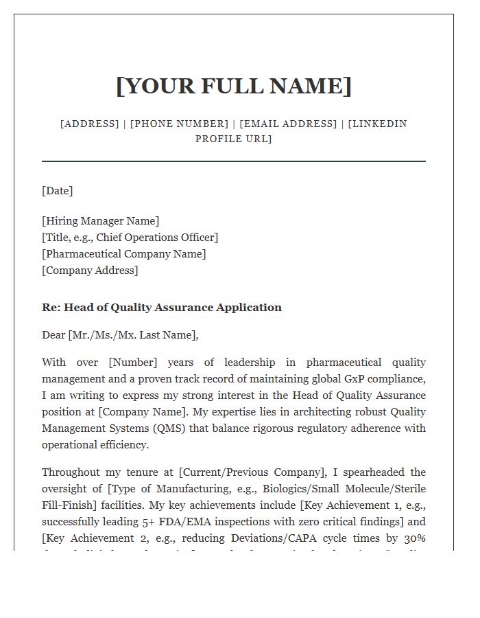 Head Of Quality Assurance Pharma Executive Cover Letter Template