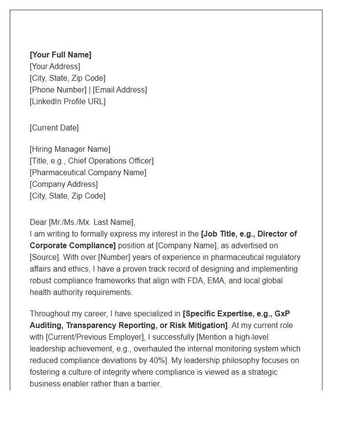 Pharmaceutical Compliance Leadership Cover Letter Template