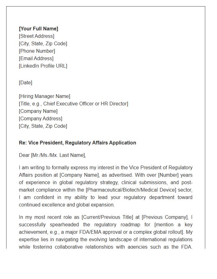 Regulatory Affairs Vice President Cover Letter Template