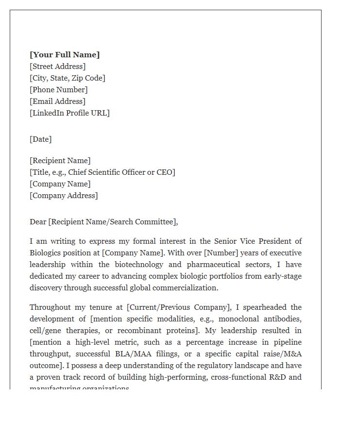 Senior Vice President Of Biologics Cover Letter Template