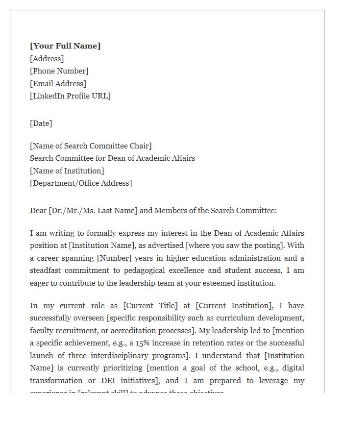 Dean Of Academic Affairs Cover Letter Template