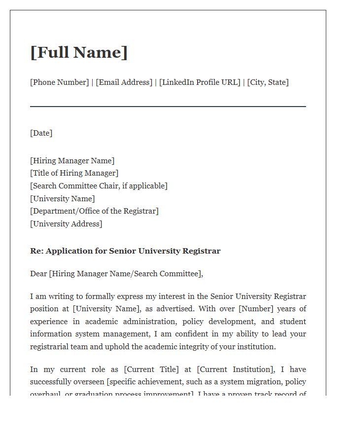 Senior University Registrar Cover Letter Template