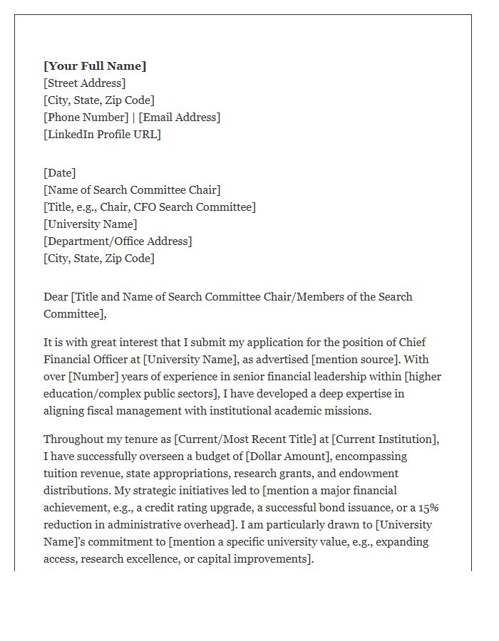 University Chief Financial Officer Cover Letter Template