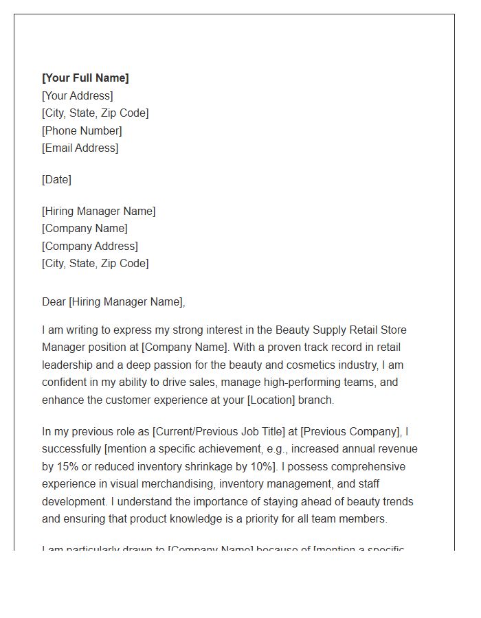 Beauty Supply Retail Store Manager Cover Letter Template