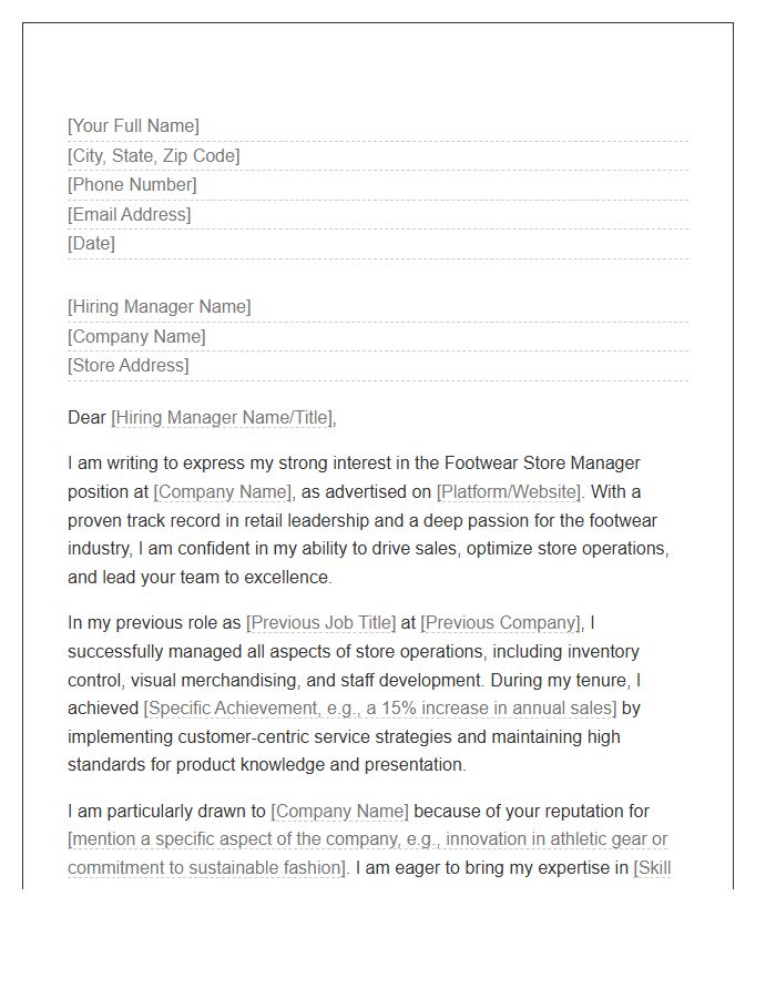 Footwear Store Manager Cover Letter Template