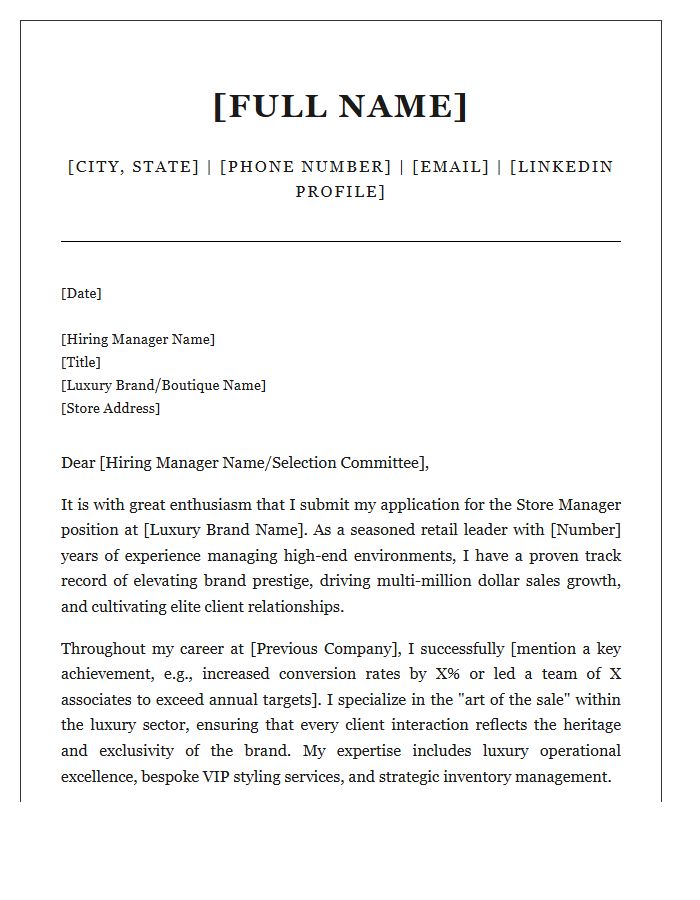 High-End Fashion Retail Store Manager Cover Letter Template