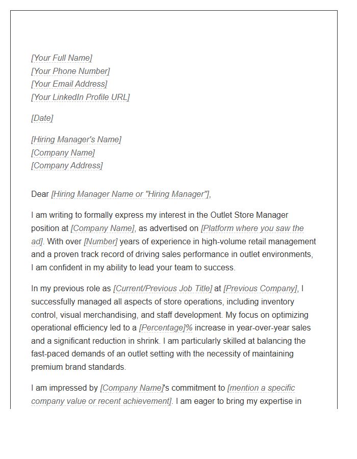 Outlet Store Manager Application Cover Letter Template