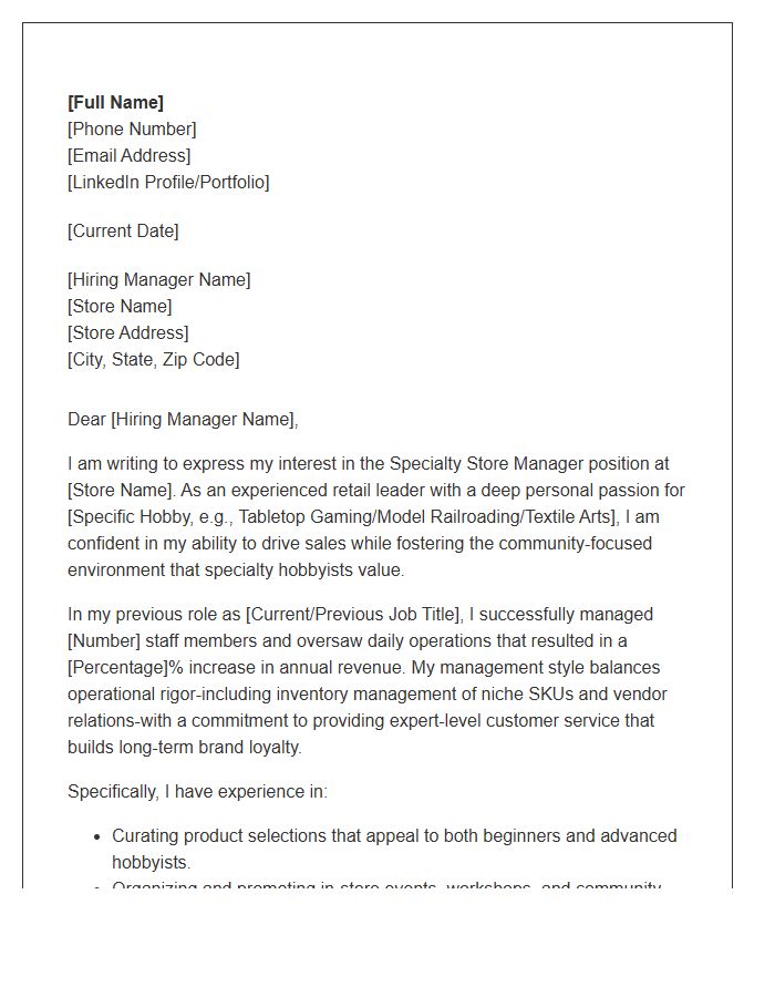 Specialty Hobby Retail Store Manager Cover Letter Template