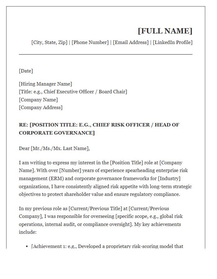 Corporate Risk Governance Executive Cover Letter Template