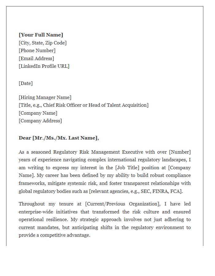 Senior Regulatory Risk Management Executive Cover Letter Template