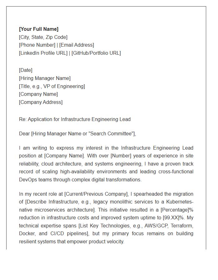 Infrastructure Engineering Lead Cover Letter Template