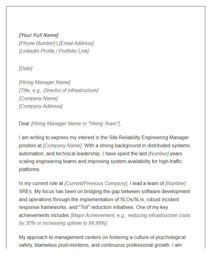 Site Reliability Engineering Manager Cover Letter Template