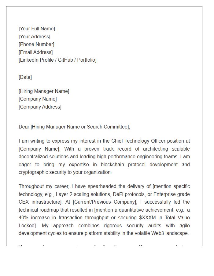Cryptocurrency Chief Technology Officer Cover Letter Template