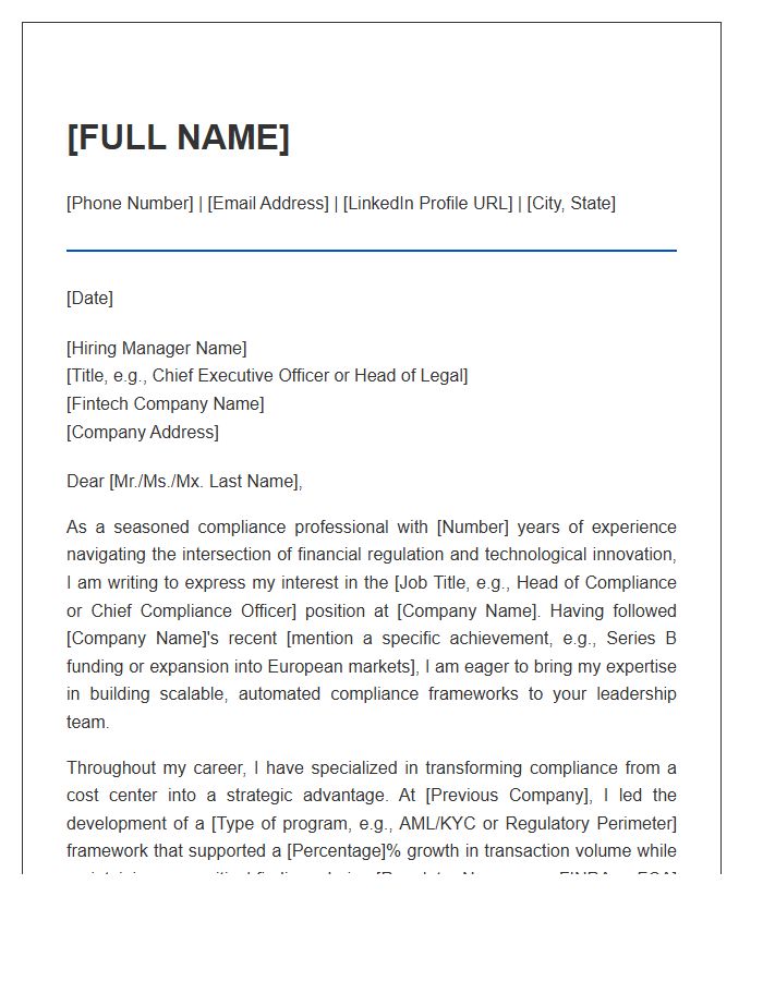 Fintech Compliance Officer Leadership Cover Letter Template