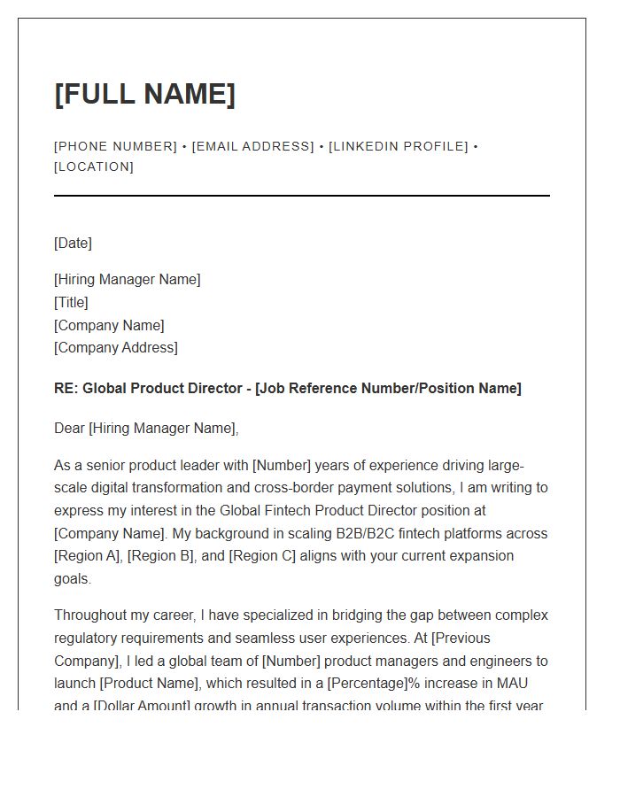 Global Fintech Product Director Cover Letter Template