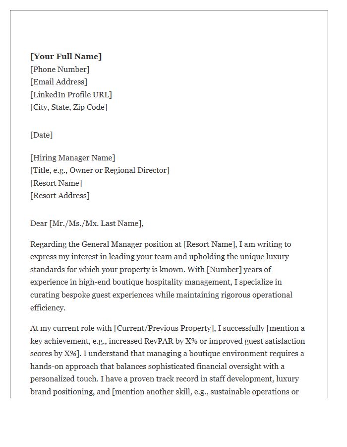 Boutique Resort General Manager Cover Letter Template