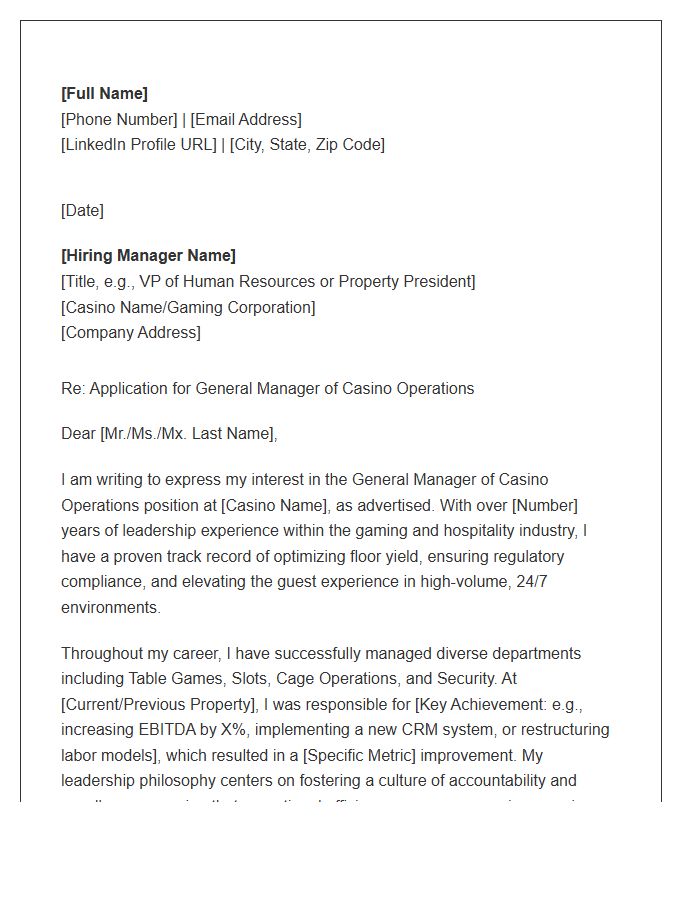 Casino Operations General Manager Cover Letter Template