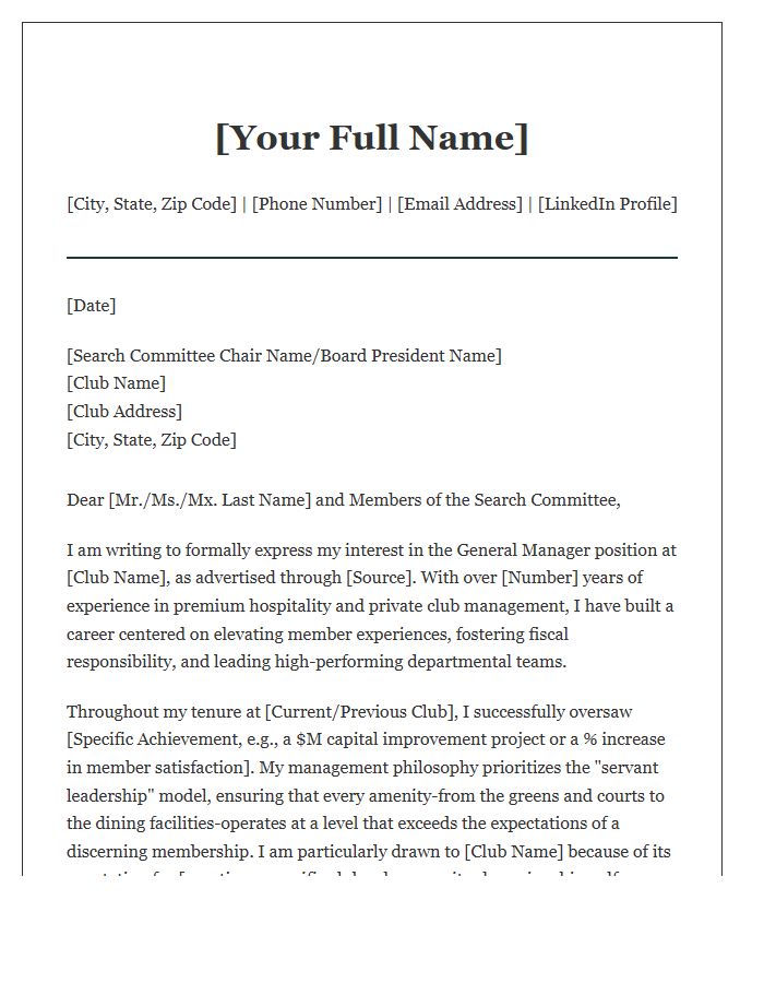 Country Club General Manager Cover Letter Template