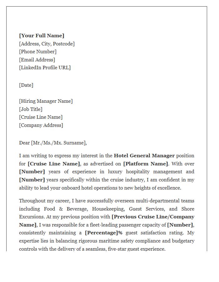 Cruise Ship Hotel General Manager Cover Letter Template