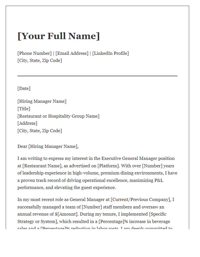 Executive Restaurant General Manager Cover Letter Template