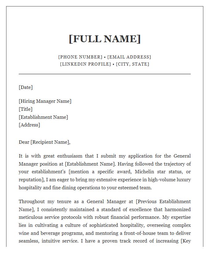 Fine Dining Establishment General Manager Cover Letter Template