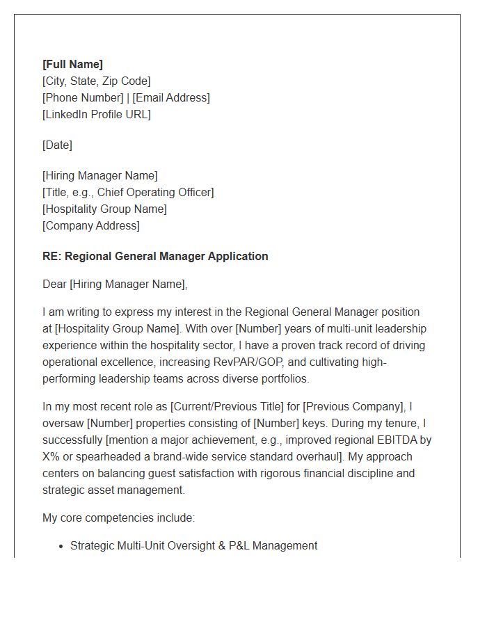 Hospitality Group Regional General Manager Cover Letter Template