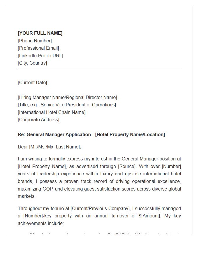 International Hotel Chain General Manager Cover Letter Template