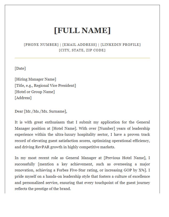 Luxury Hotel General Manager Cover Letter Template