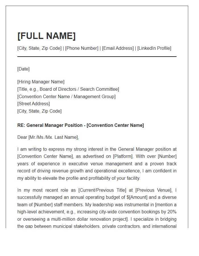 Professional Convention Center General Manager Cover Letter Template