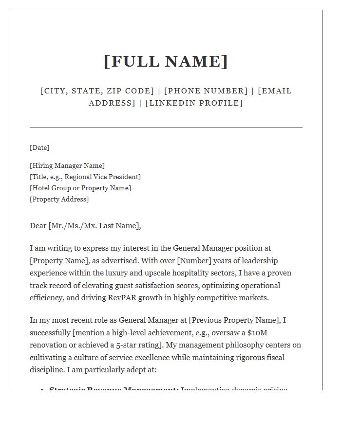 Upscale Lodging General Manager Cover Letter Template
