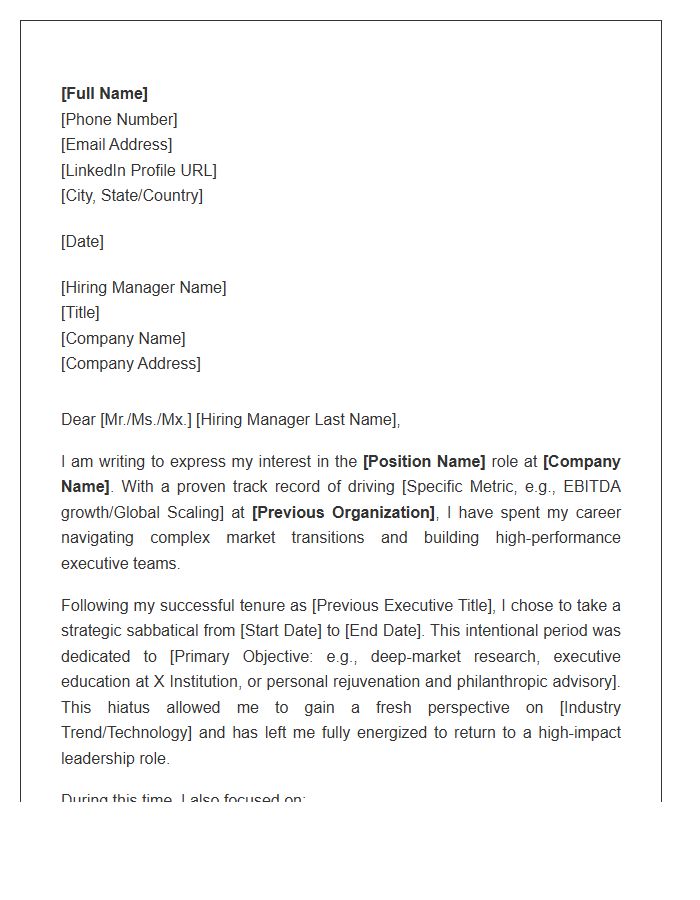 C-Suite Sabbatical Explanation Cover Letter Template