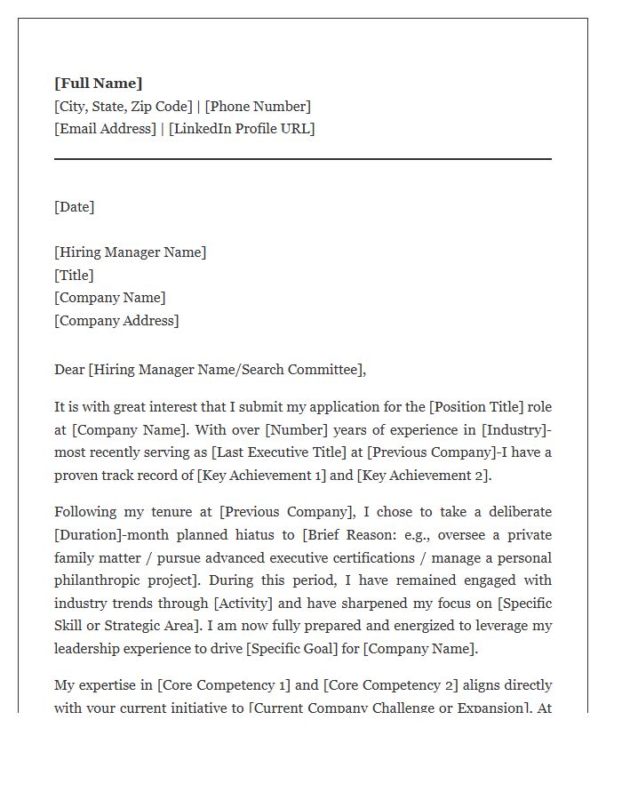Executive Level Employment Hiatus Cover Letter Template