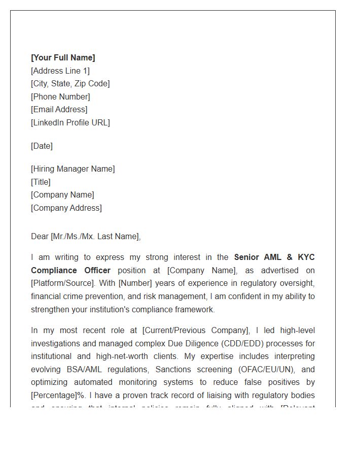 AML And KYC Senior Compliance Officer Cover Letter Template