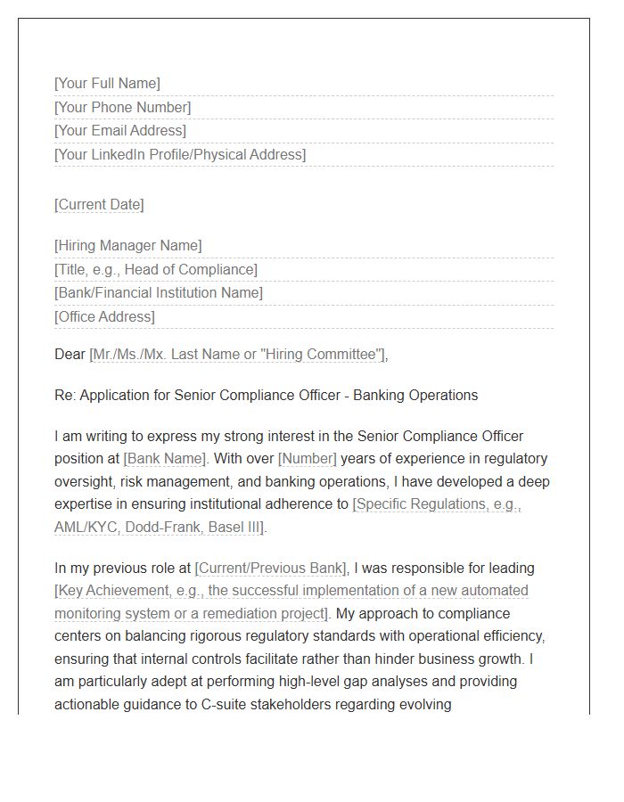 Banking Operations Senior Compliance Officer Cover Letter Template