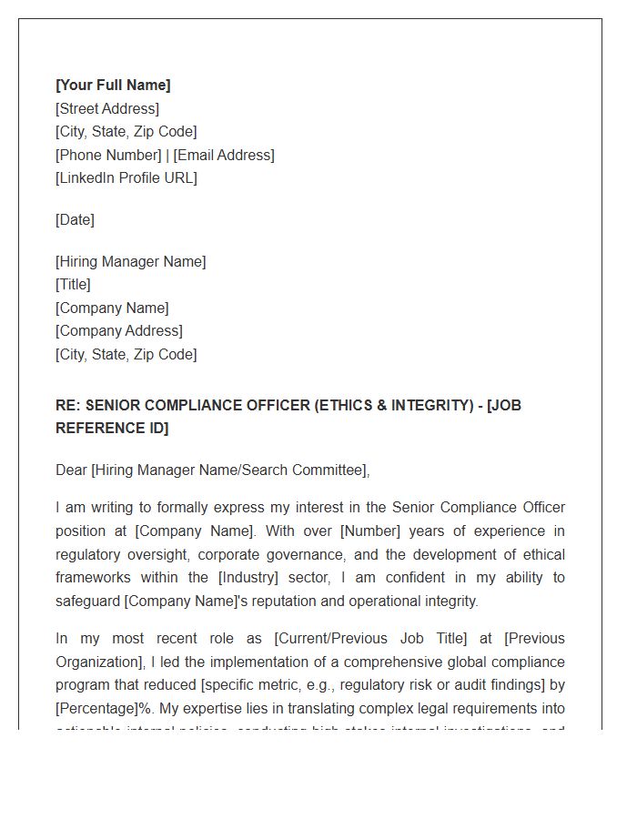 Corporate Ethics Senior Compliance Officer Cover Letter Template