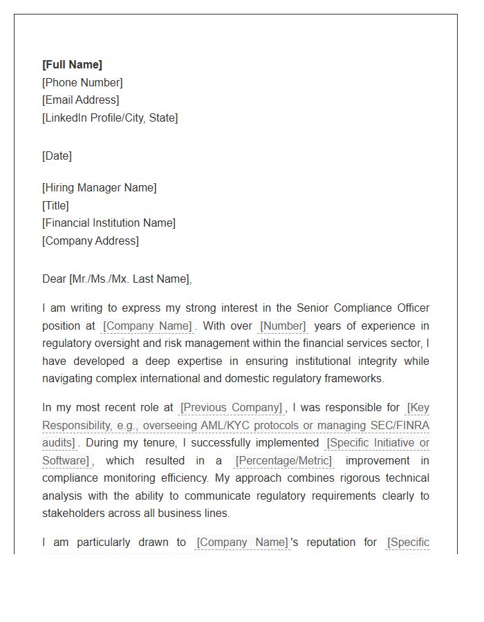 Financial Services Senior Compliance Officer Cover Letter Template