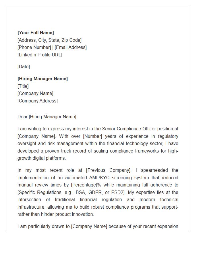 Fintech Industry Senior Compliance Officer Cover Letter Template