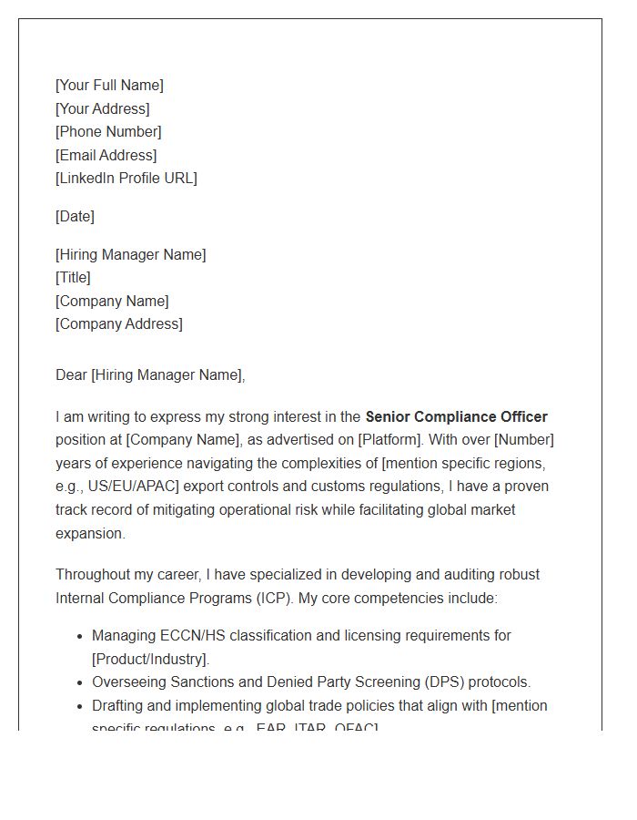Global Trade Senior Compliance Officer Cover Letter Template