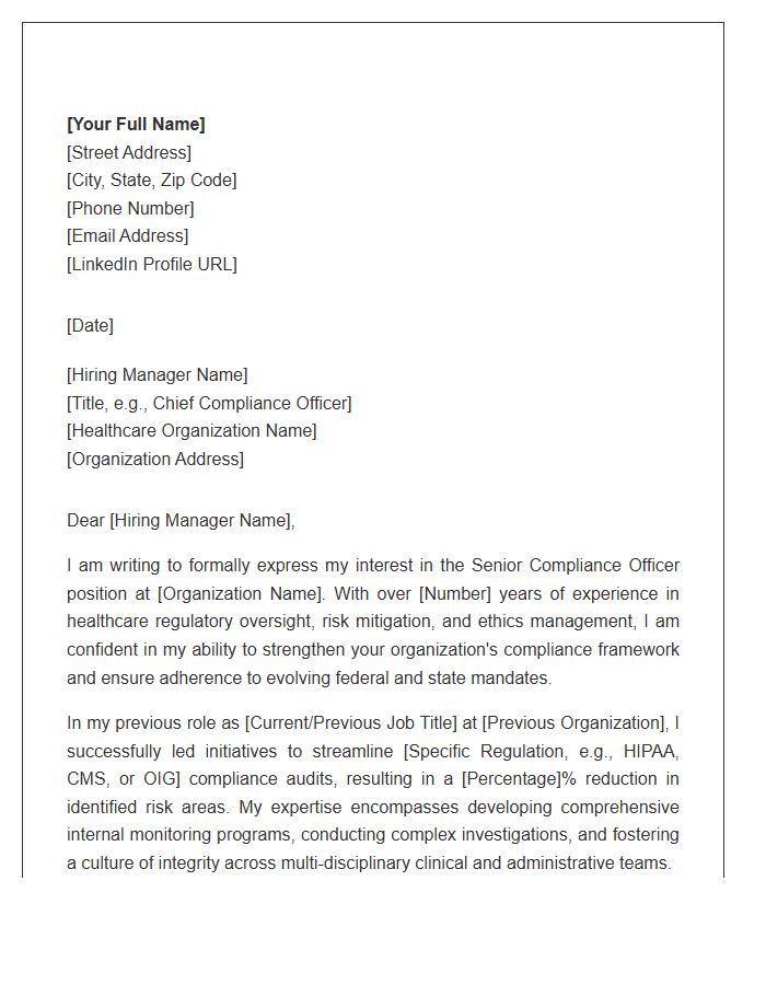 Healthcare Regulatory Senior Compliance Officer Cover Letter Template