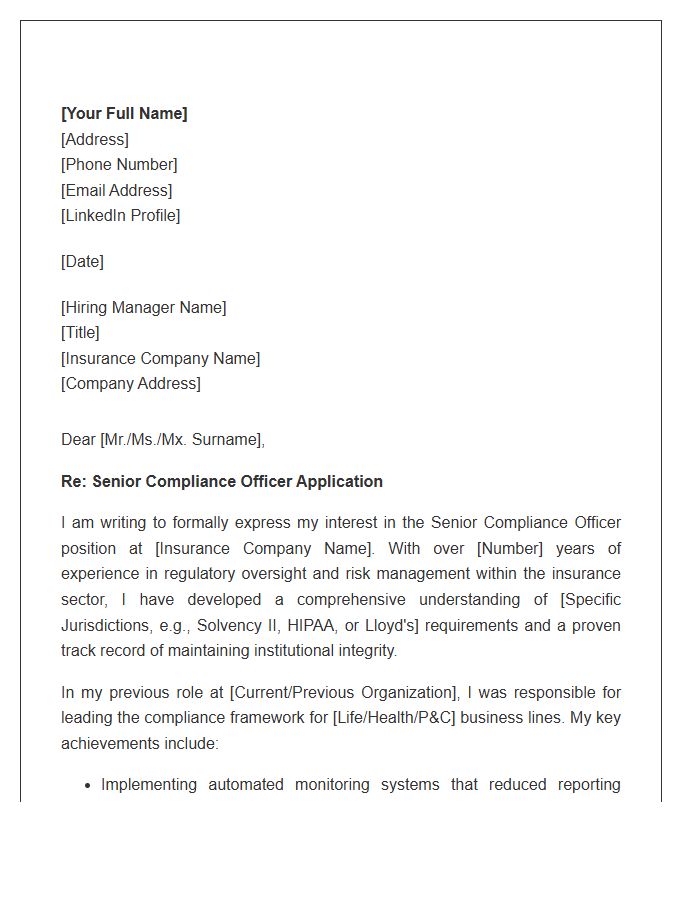 Insurance Sector Senior Compliance Officer Cover Letter Template