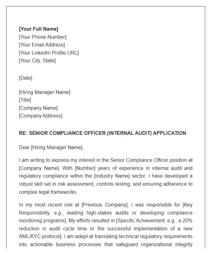 Internal Audit Senior Compliance Officer Cover Letter Template