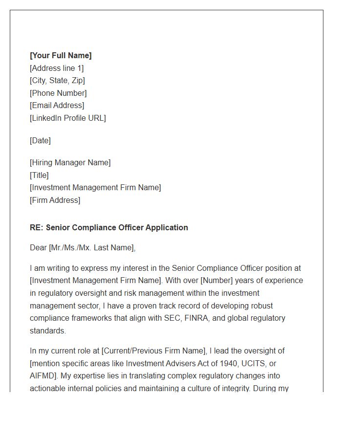 Investment Management Senior Compliance Officer Cover Letter Template