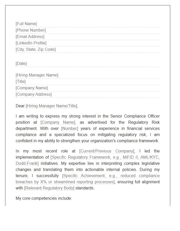 Regulatory Risk Senior Compliance Officer Cover Letter Template