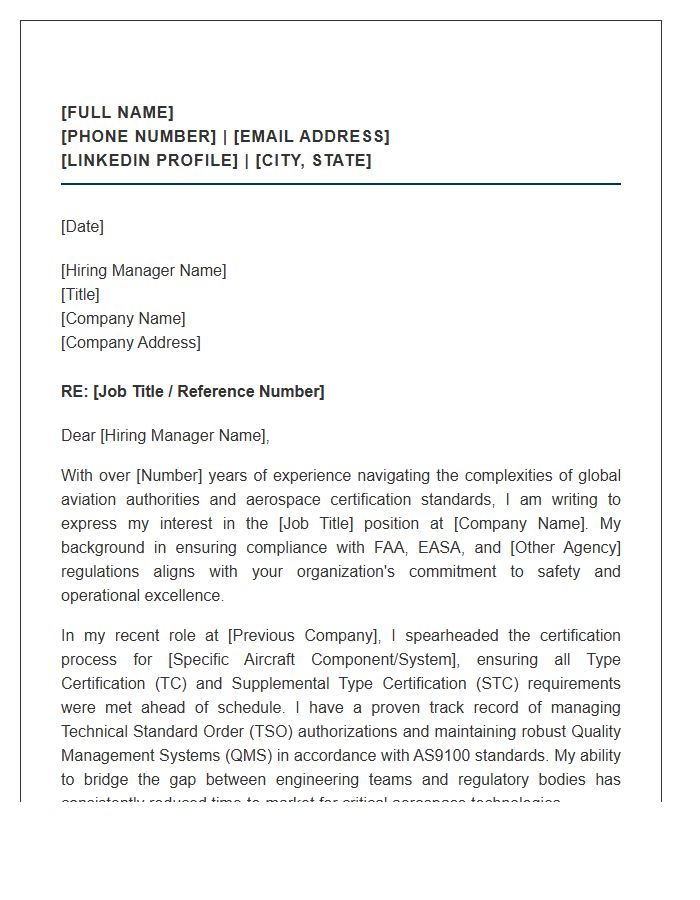 Aerospace Regulatory Affairs Executive Cover Letter Template