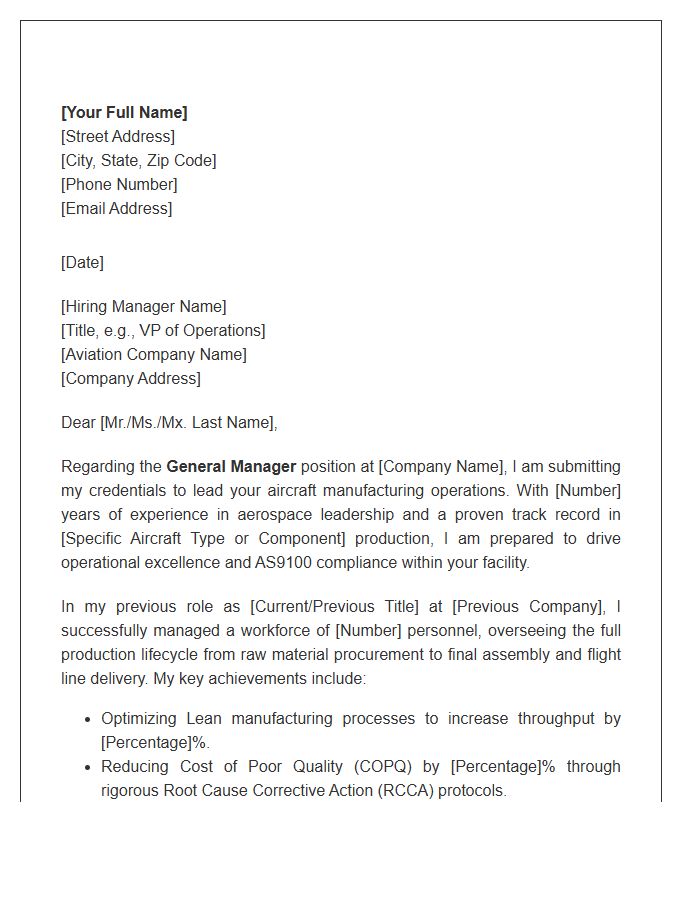 Aircraft Manufacturing General Manager Cover Letter Template