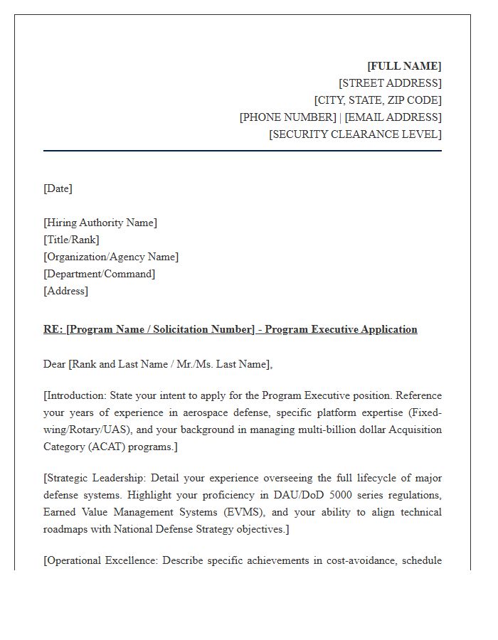 Military Aerospace Program Executive Cover Letter Template